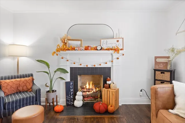 a room with furniture and a fireplace