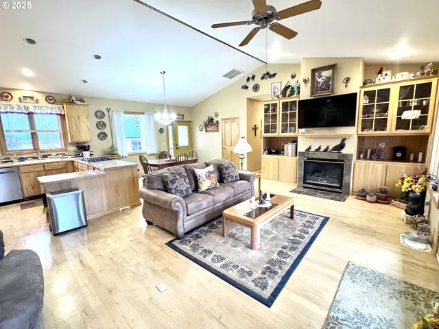a living room with fireplace furniture and a flat screen tv