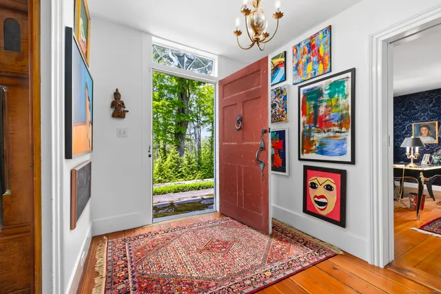 an entryway with painting on the wall and a potted plant