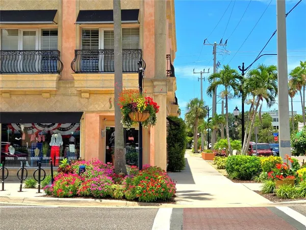 a view of a building with potted plants