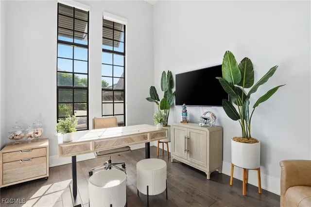 a living room with furniture a flat screen tv and a potted plant