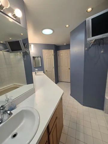 a bathroom with a sink a large mirror and a shower