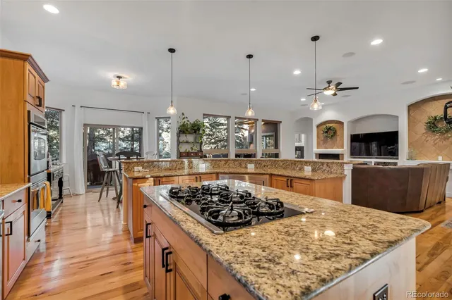 a kitchen with stainless steel appliances granite countertop a refrigerator a sink dishwasher a stove and a dining table with wooden floor