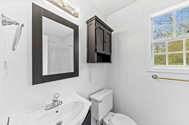 a bathroom with a toilet sink and mirror