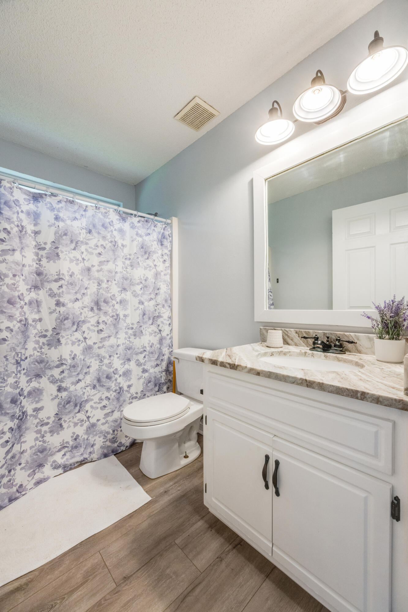 6090 Buckward Road Baker, FL 32531 - Photo 32 of 51 a bathroom with a granite countertop sink toilet a large mirror and shower