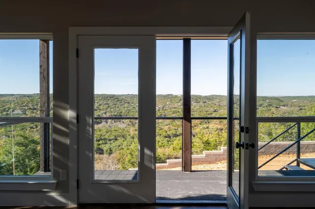 a view of a glass door with a from a window