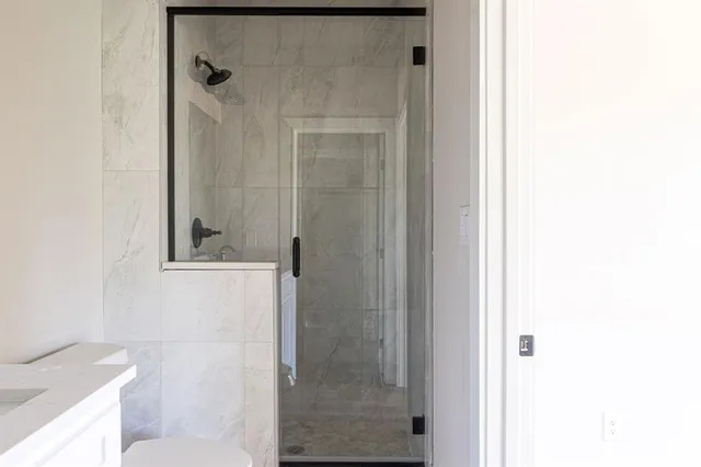 a bathroom with a shower and a toilet