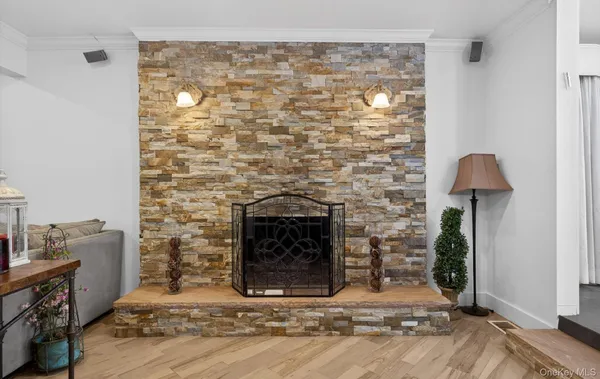 a living room with a fireplace