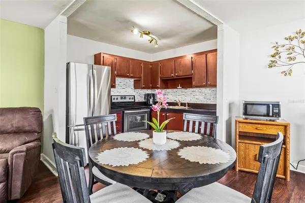 a view of a dining room with furniture