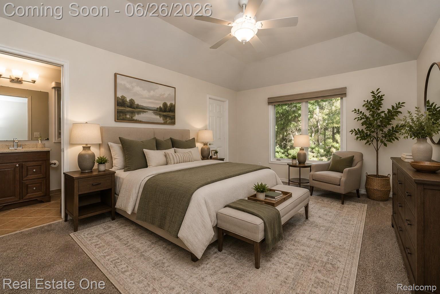 227 Bloomer Ridge Court Rochester, MI 48307 - Photo 22 of 45 Vaulted ceiling bedroom featuring carpeting, a ceiling fan, and a large window with natural scenery