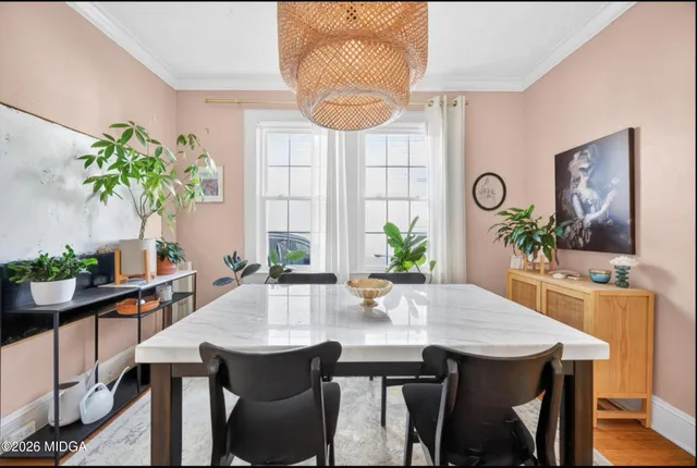 a view of a dining room with furniture and a potted plant