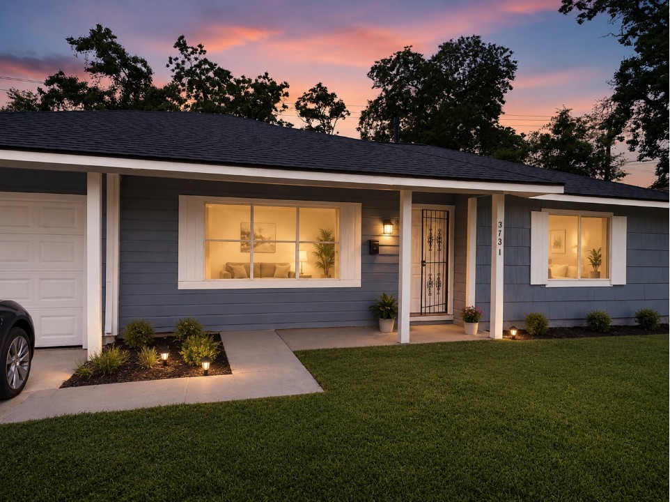 Stunning curb appeal featuring a manicured front lawn and inviting entryway- Virtually Staged