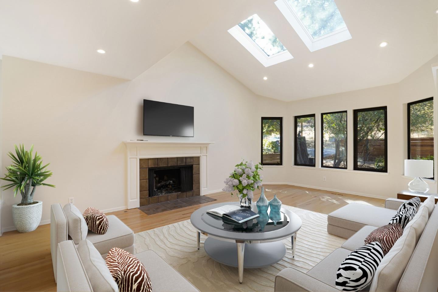 2499 Alpine Road Menlo Park, CA 94025 - Photo 6 of 53 a living room with furniture a fireplace and a potted plant