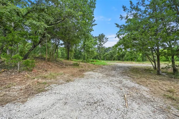 a view of a field with trees in the background
