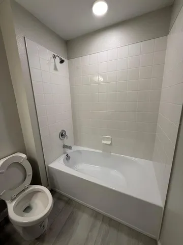 a bathroom with a toilet and a bathtub