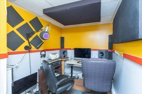 a work place with a table and chairs