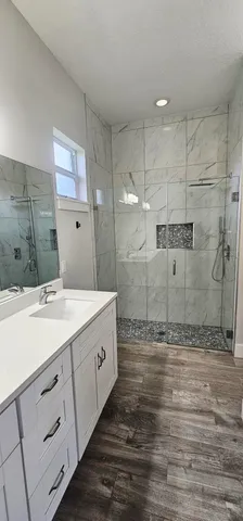 a bathroom with a sink shower and a mirror