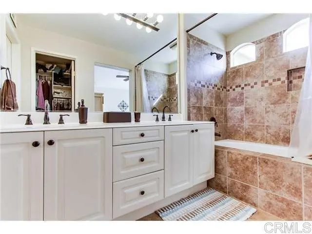 a bathroom with a double vanity sink a mirror a shower and a bathtub
