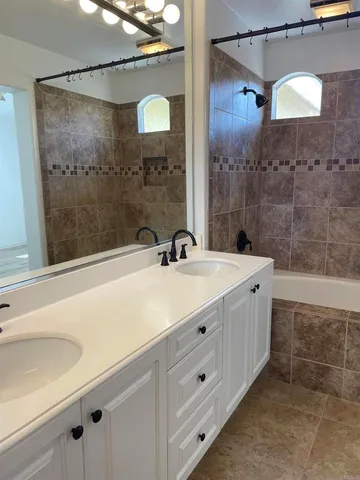 a bathroom with a double vanity sink mirror and shower