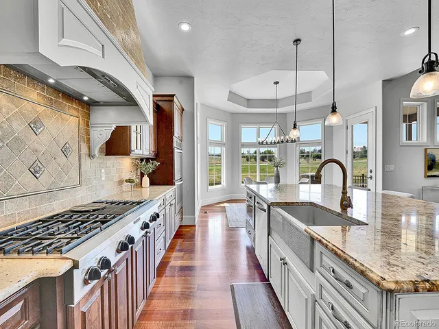 a kitchen with stainless steel appliances granite countertop a stove a sink dishwasher and cabinets with wooden floor