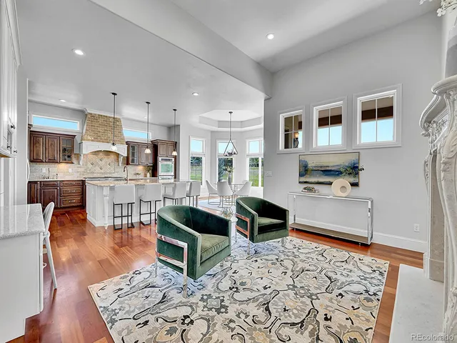 a living room kitchen with stainless steel appliances kitchen island granite countertop furniture and a rug