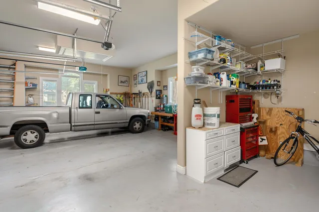 a porch with a garden view