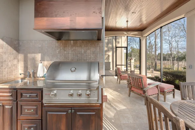 a view of a park with large trees