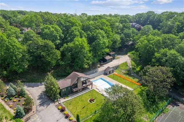 an aerial view of a house with a garden and swimming pool