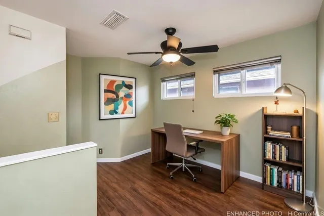 a workspace with wooden floor