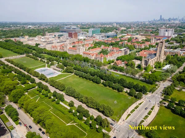 an aerial view of residential houses with outdoor space and trees