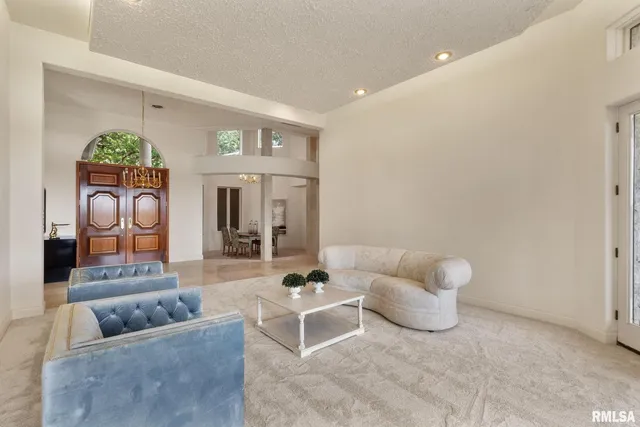 a living room with furniture a fireplace and a potted plant