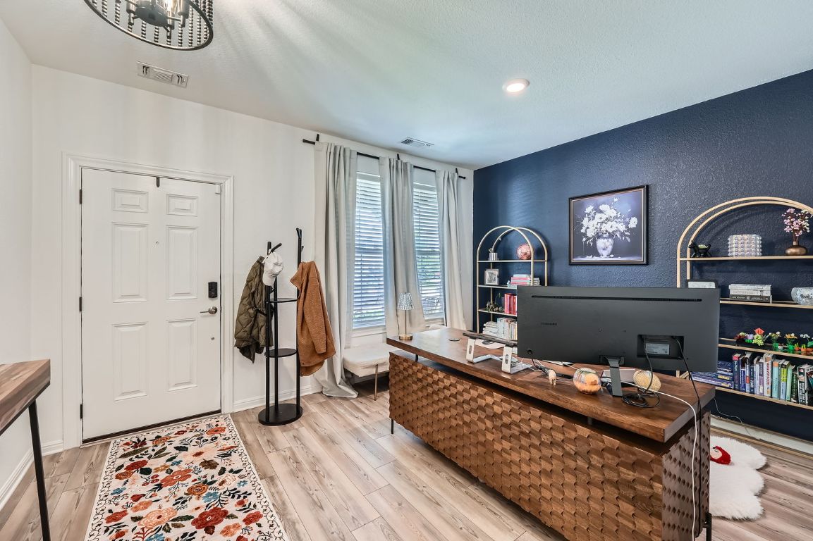 321 Georgia Lace Trail Georgetown, TX 78626 - Photo 4 of 28 Office area featuring a textured wall, light wood-style floors, and recessed lighting