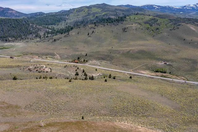 a view of a dry field with mountains in the background