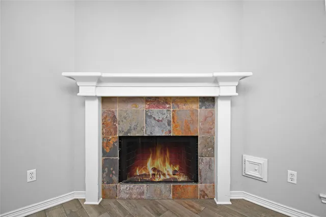 a room with a fireplace