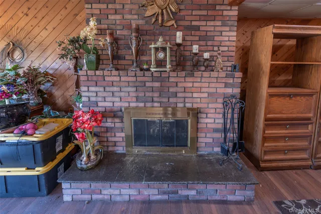 a living room with a fireplace