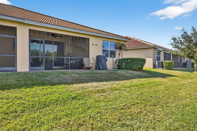 an aerial view of a swimming pool with a yard