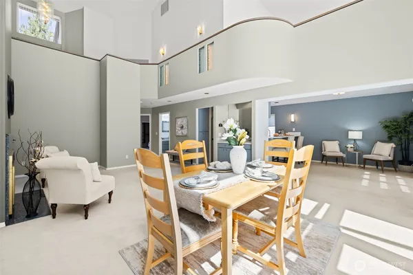 a view of a dining room with furniture