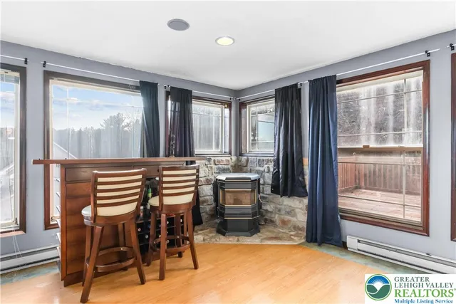 a view of a dining room with furniture