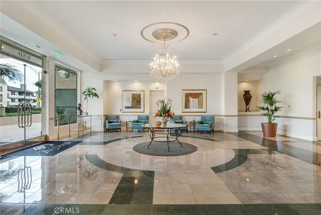 a view of a garden with a building in the background