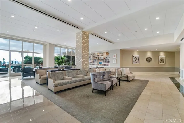 a view of a hallway with wooden shelves