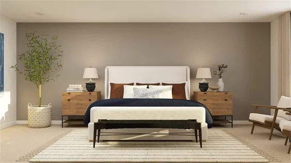 a living room with furniture and a table