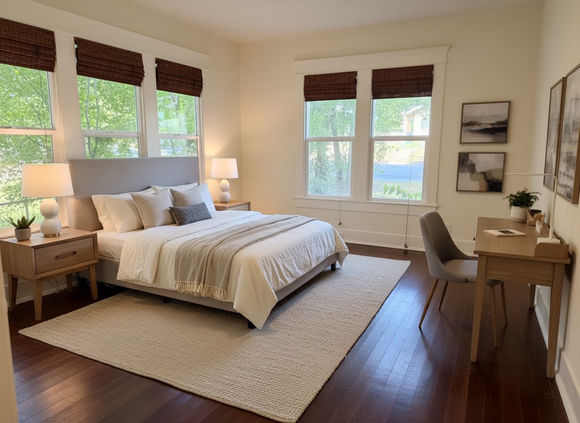 1136 Eleanor Street Austin, TX 78721 - Photo 10 of 30 Virtual Staged:
Sun-filled bedroom features rich hardwood flooring and multiple windows, providing a tranquil and airy retreat.