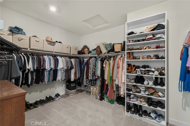a view of walk in closet with clothes and shoes