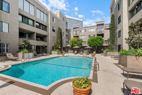 a view of a patio with couches table and chairs potted plants and palm tree