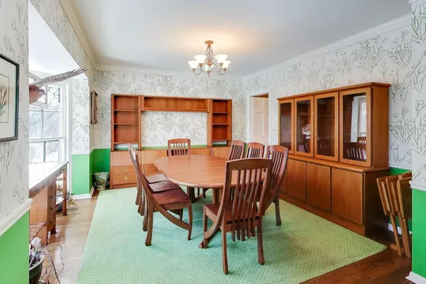 a dining room with furniture a rug a potted plant and a chandelier