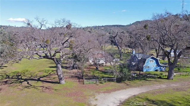 a backyard of a house with large trees and outdoor seating