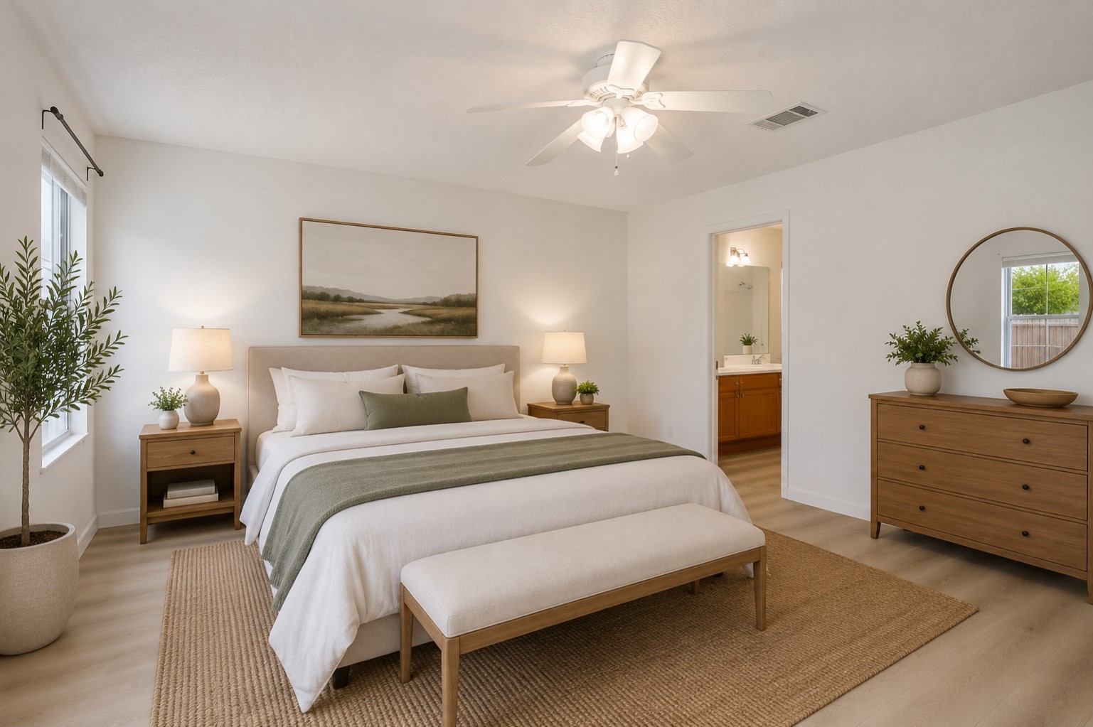 13827 Spring Heath Road Pflugerville, TX 78660 - Photo 14 of 20 A tranquil bedroom retreat features light wood flooring and a refreshing ceiling fan, inviting relaxation. Digitally Staging.