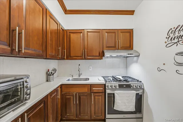 a kitchen with stainless steel appliances granite countertop a stove a sink and a microwave