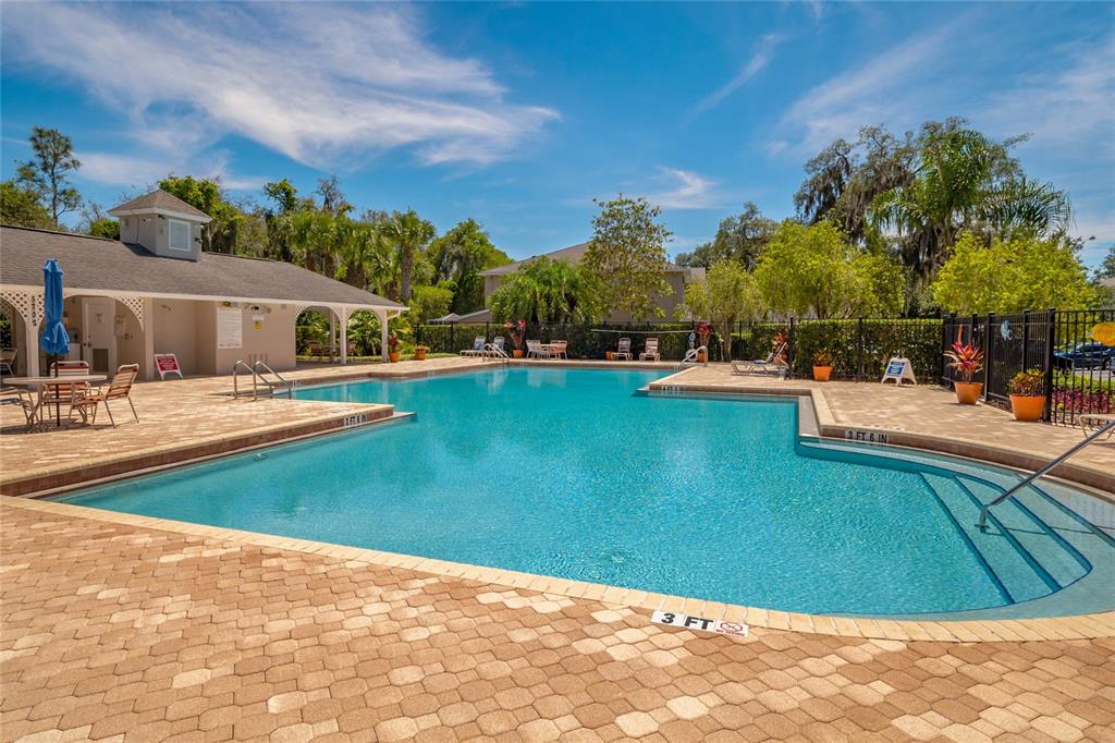 5870 Fishhawk Ridge Drive Lithia, FL 33547 - Photo 25 of 34 a view of swimming pool with outdoor seating and trees in the background