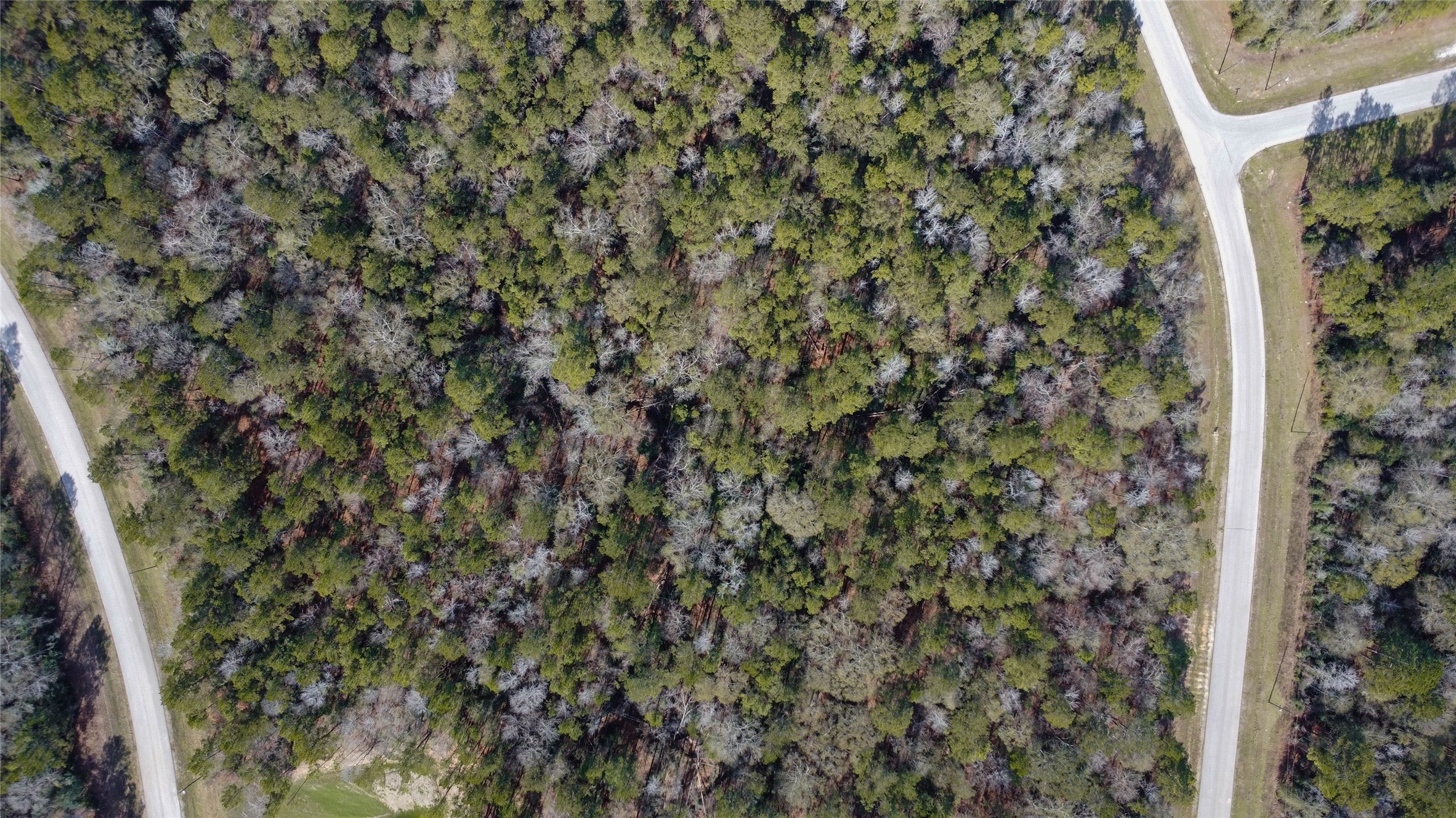 0 Bighorn Road Huntsville, TX 77340 - Photo 10 of 22 From this top-down view, the winding road carves a clean edge along the treeline, offering the future homeowner a private escape that feels far from it all yet remains connected by well-maintained infrastructure and nearby custom homes.